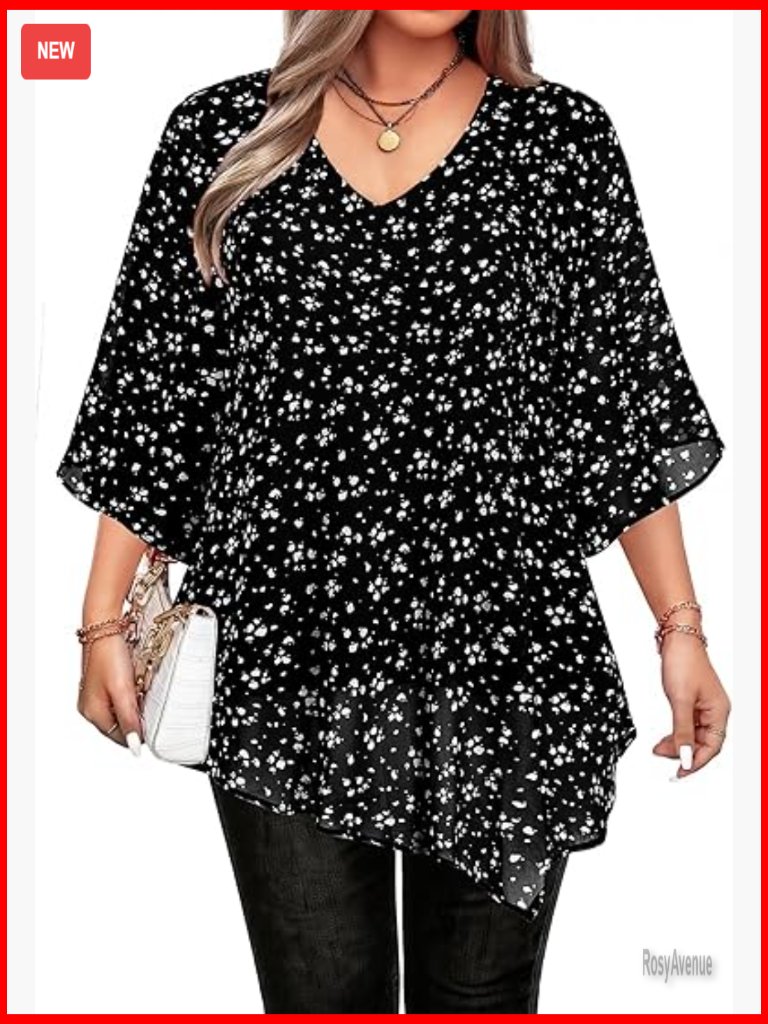 Plus Size 3/4 Sleeve Chiffon Blouse V Neck Tie Top
